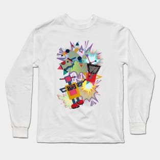 ROBOTS - ROBOT  PALS  ZAP! Memphis Post Modern Pop Style Long Sleeve T-Shirt